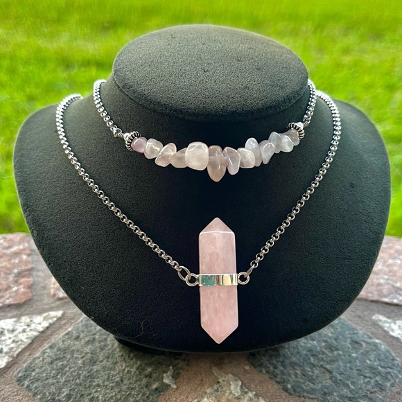 Handmade Double layer necklace rose quartz crystal gemstone boho choker - Picture 10 of 11